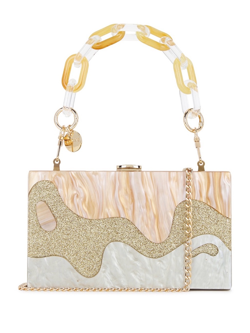 Erika Gold and Cream Acrylic Evening Box Clutch with Chain